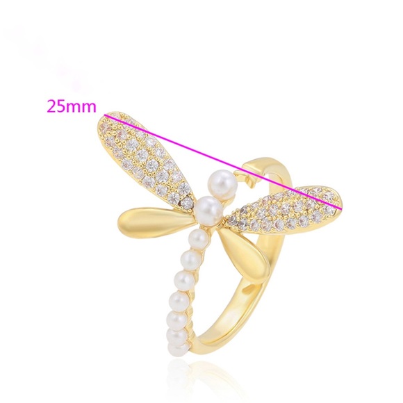 Dragonfly Ring Adjustable 14k Gold Plated CZ Stone - Picture 2 of 9